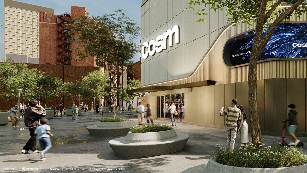 A rendering shows the proposed Cosm project in Downtown Cleveland's Gateway District. Bedrock, the developer, is seeking schematic design approval from the Cleveland City Planning Commission.