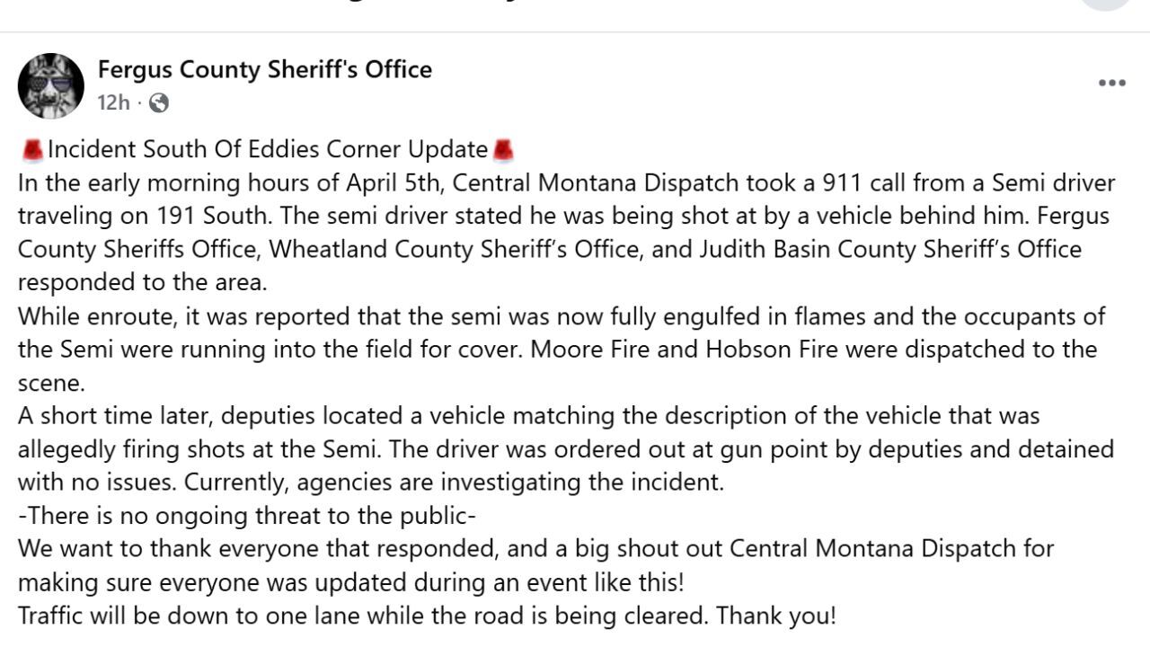 Semi-truck shot at, destroyed by fire in central Montana