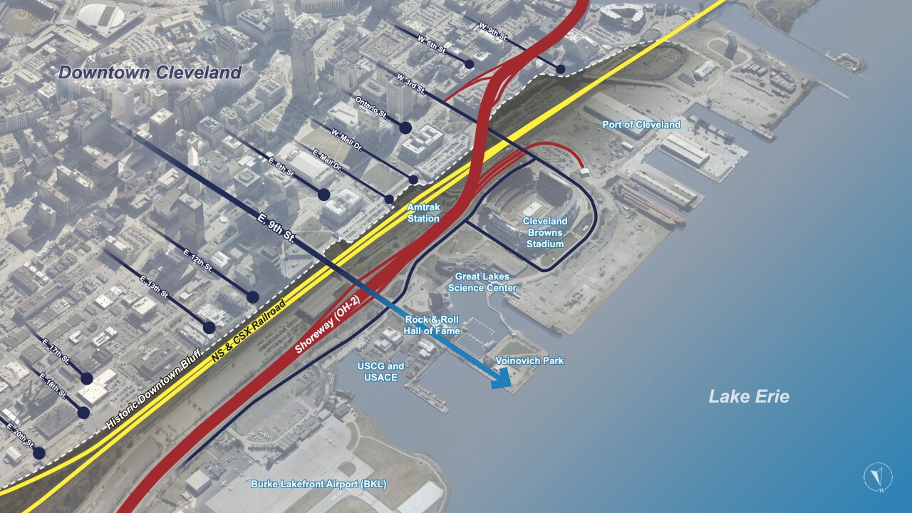 An image from Cleveland's North Coast Connector plan shows the existing infrastructure near the Downtown lakefront, where the Shoreway slices through the central business district.