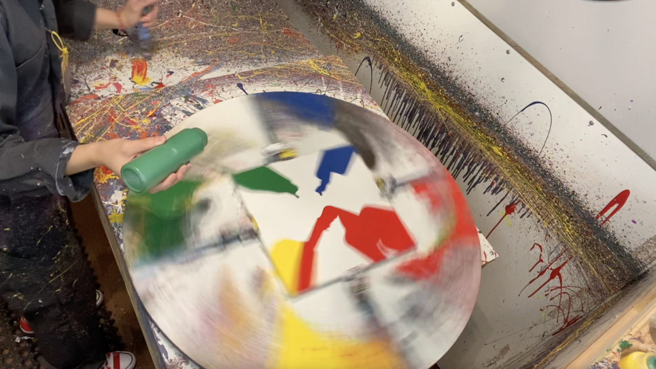 Here you won’t need to be pedaling, you’ll just use a hand crank to spin your canvas and create your masterpiece.