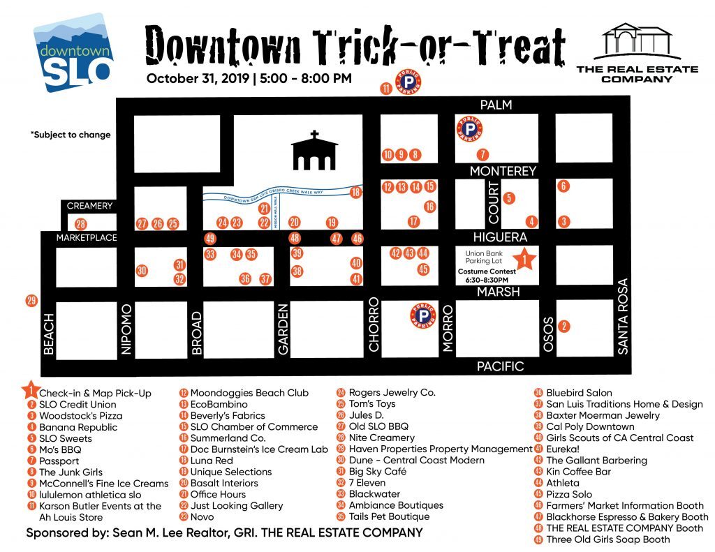 Map of Downtown SLO Farmers' market Halloween festivities tonight.