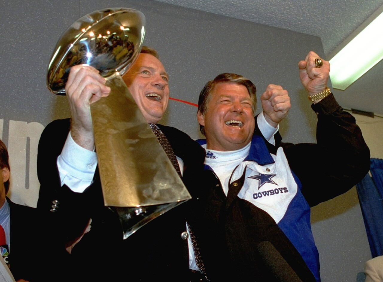 Dallas Cowboys head coach Jimmy Johnson and owner Jerry Jones celebrate Super Bowl victory, Jan. 31, 1993