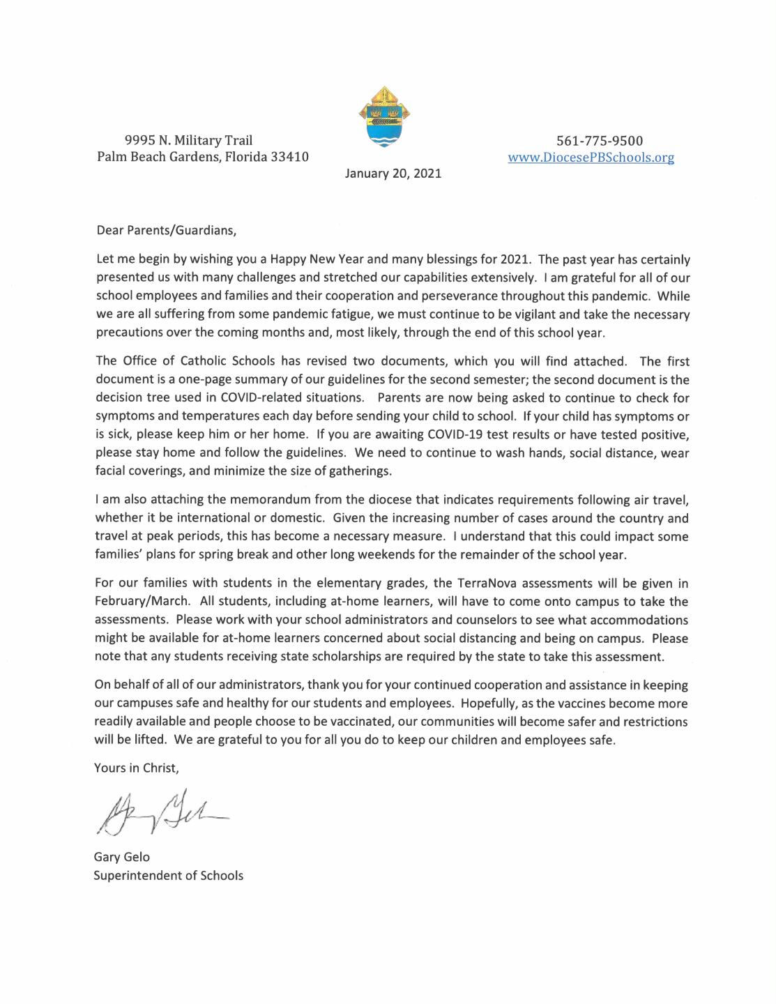 Gary Gelo, superintendent of Catholic schools in Diocese of Palm Beach, letter to parents, Jan. 20, 2021