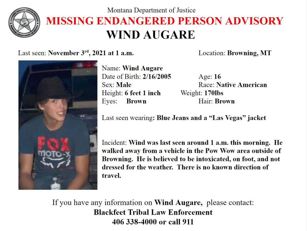 Missing/Endangered Person Advisory for 16-year old Wind Augare of Browning