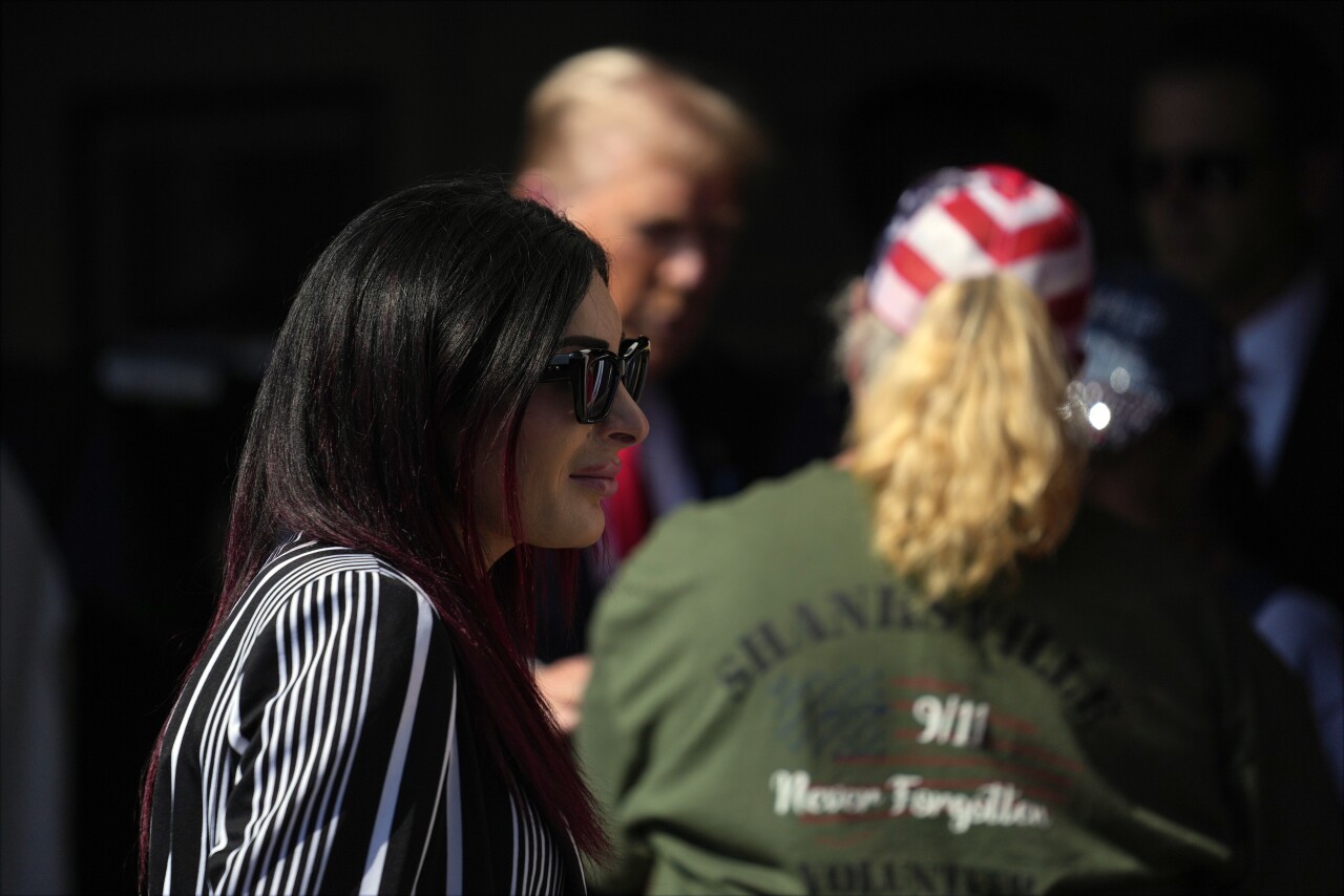 Laura Loomer walks as Republican presidential nominee former President Donald Trump visits the Shanksville Volunteer Fire Company in Shanksville, Pa.