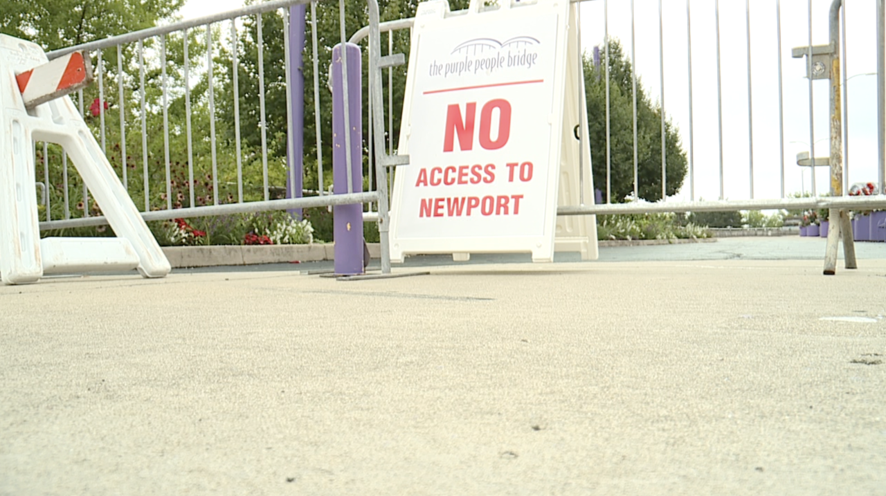 Barriers blocking the Cincinnati entrance to the Purple People Bridge