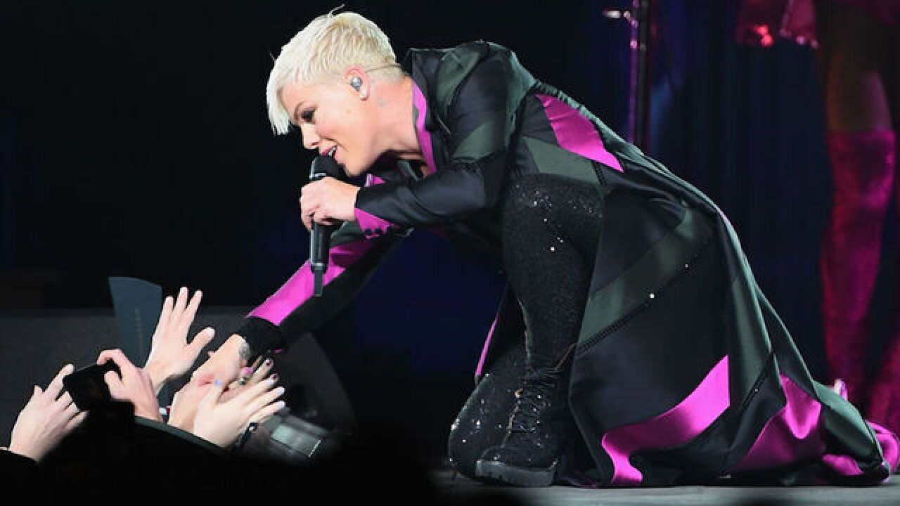 Pop musician Pink stops concert to hug grieving fan