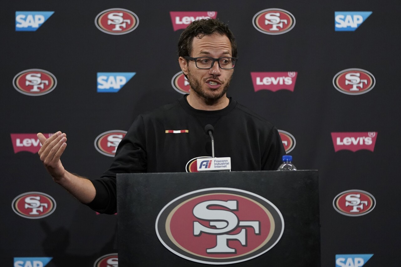 San Francisco 49ers offensive coordinator Mike McDaniel at news conference, July 29, 2021