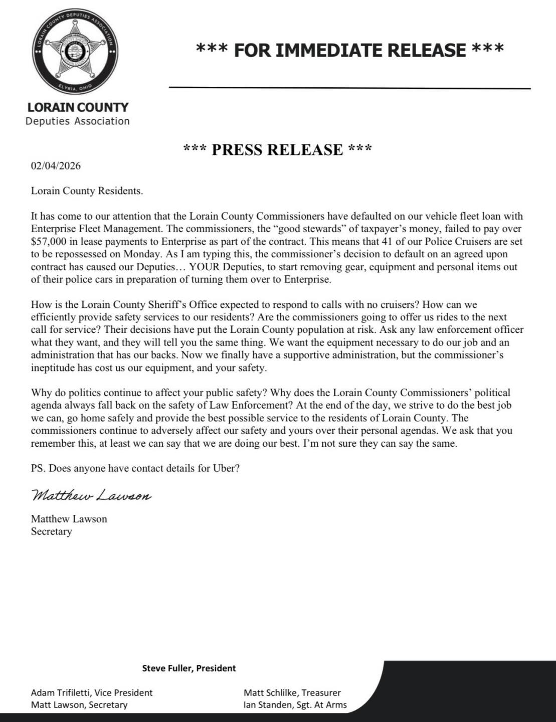 Statement from Lorain County Deputies Association