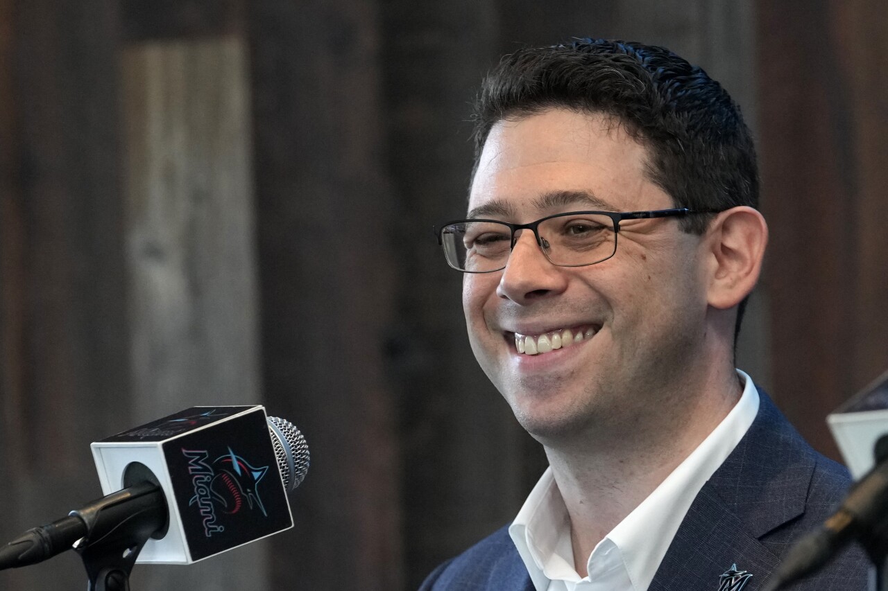 Peter Bendix smiles during introductory news conference with Miami Marlins, Nov. 13, 2023