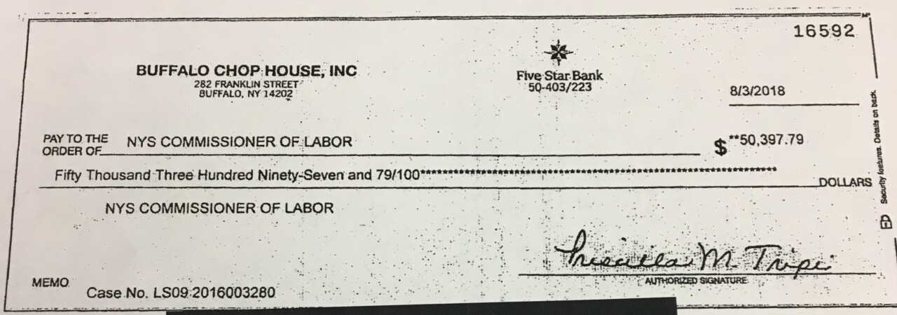 Buffalo Chophouse check to Labor Commissioner