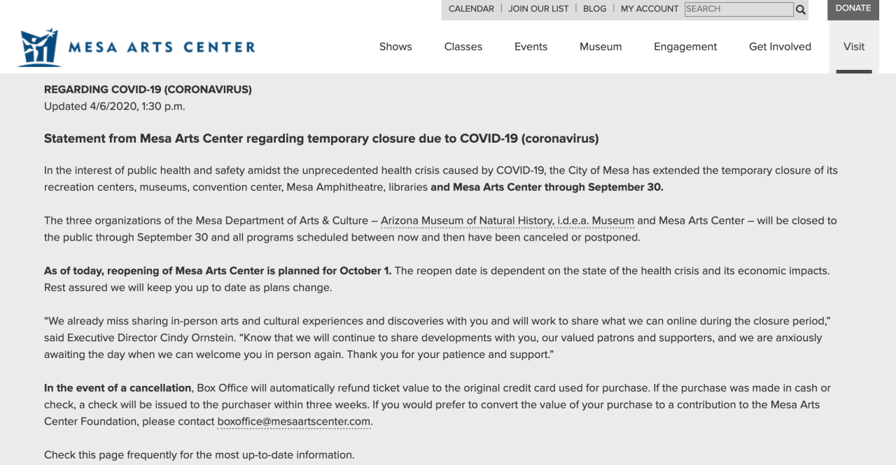 Mesa Arts Center COVID-19 update