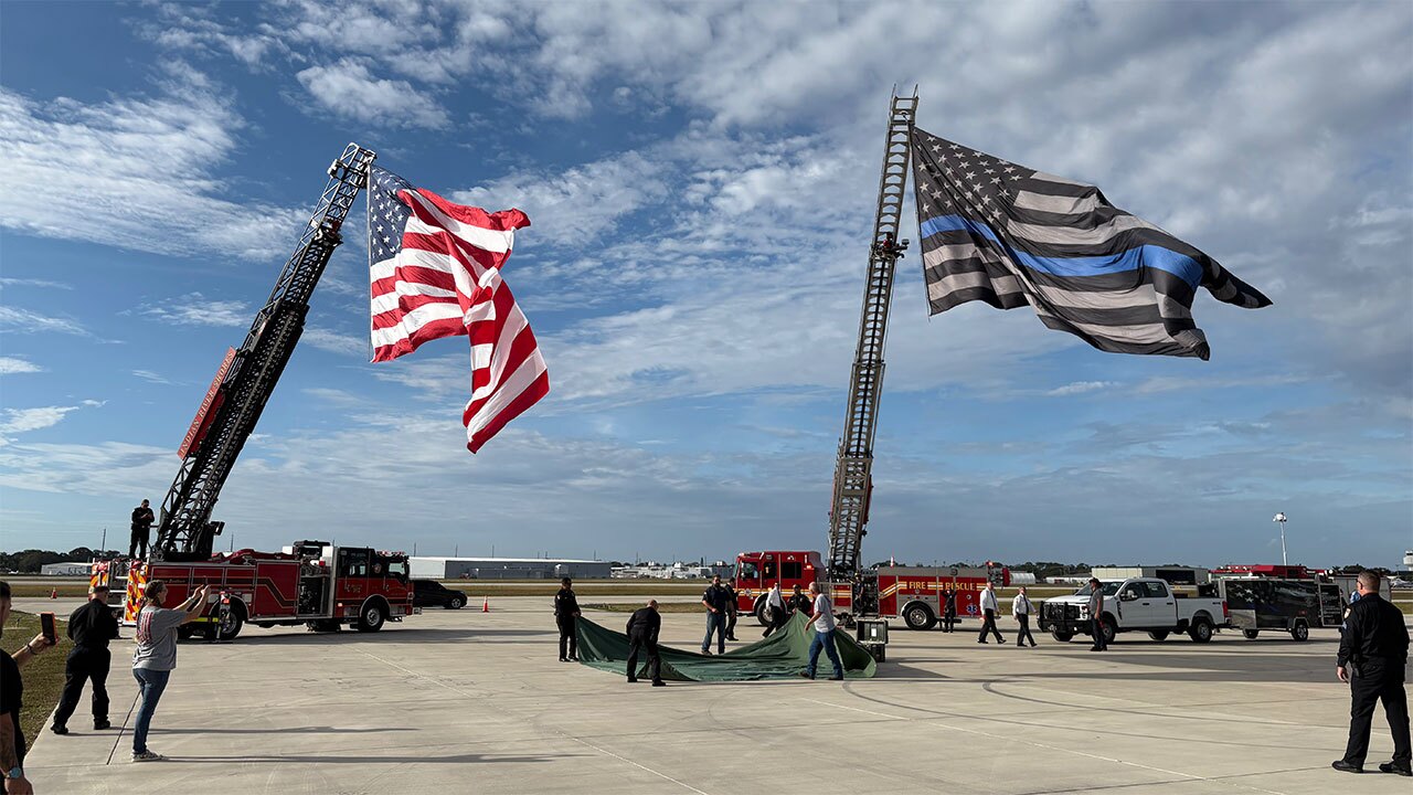 Flags were flown at the Corporate Air Hangar in Vero Beach for the funeral of Sgt. Terri Sweeting-Mashkow held Dec. 2, 2025.