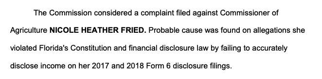 Press release from Florida Commission on Ethics about Nikki Fried