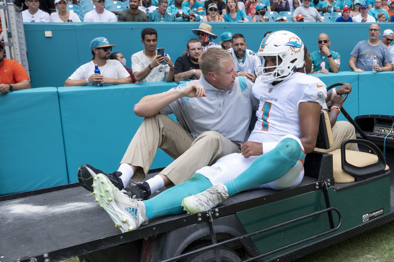 Miami Dolphins QB Tua Tagovailoa carted off field vs. Buffalo Bills, Sept. 19, 2021