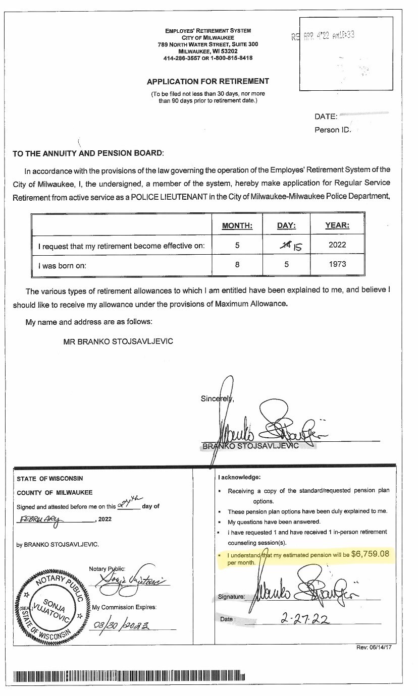 Stojsavljevic retirement application