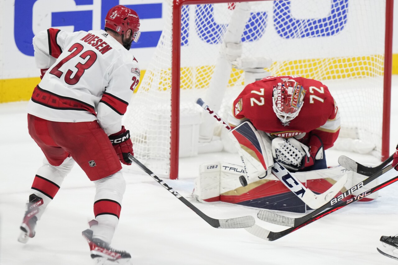 Florida Panthers goaltender Sergei Bobrovsky stops shot from Carolina Hurricanes right wing Stefan Noesen during second period of Game 3 of NHL Eastern Conference final series, May 22, 2023