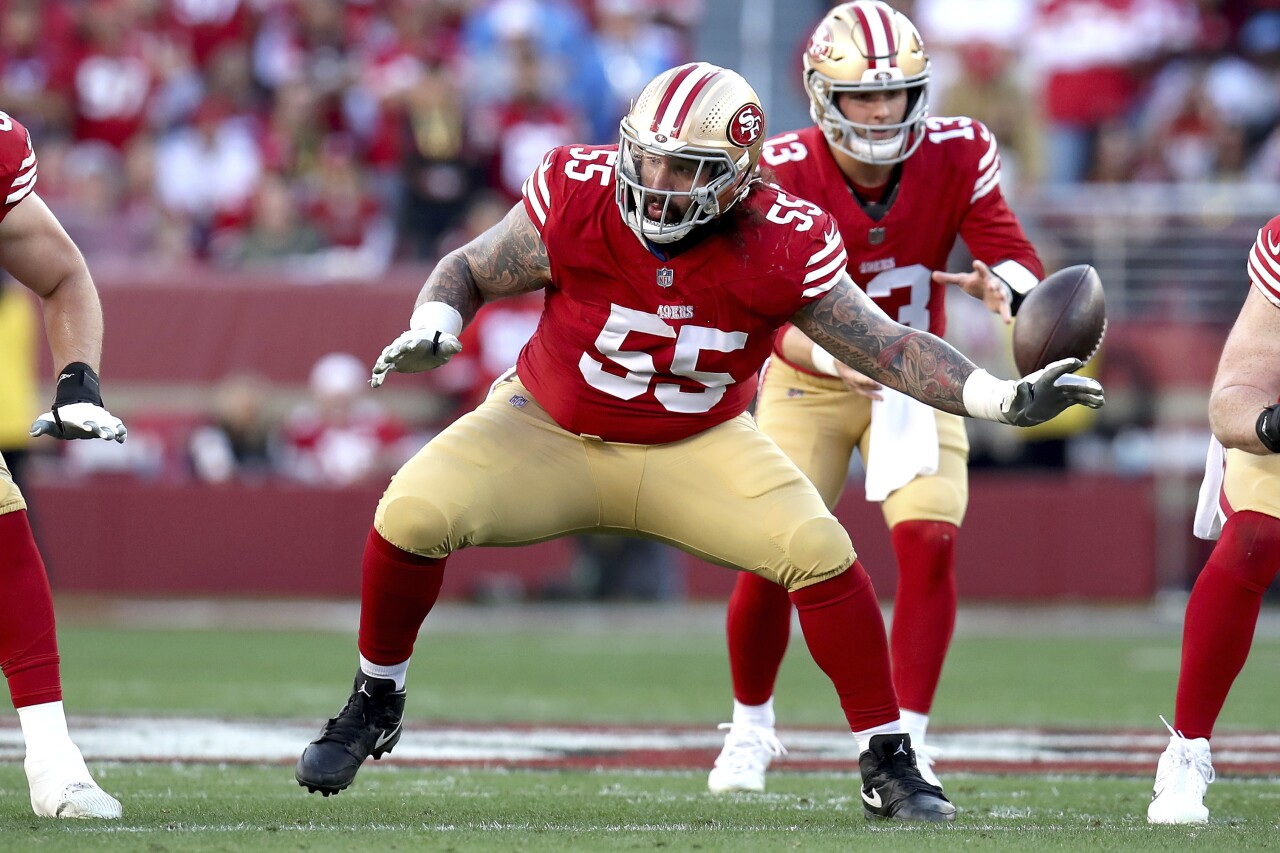 San Francisco 49ers offensive guard Jon Feliciano blocks during NFC Championship, Jan. 28, 2024
