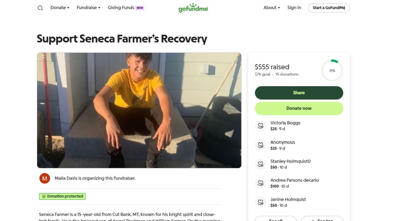 Seneca Farmer of Cut Bank, 15 years old, is recovering after being seriously injured by fireworks several days ago. 