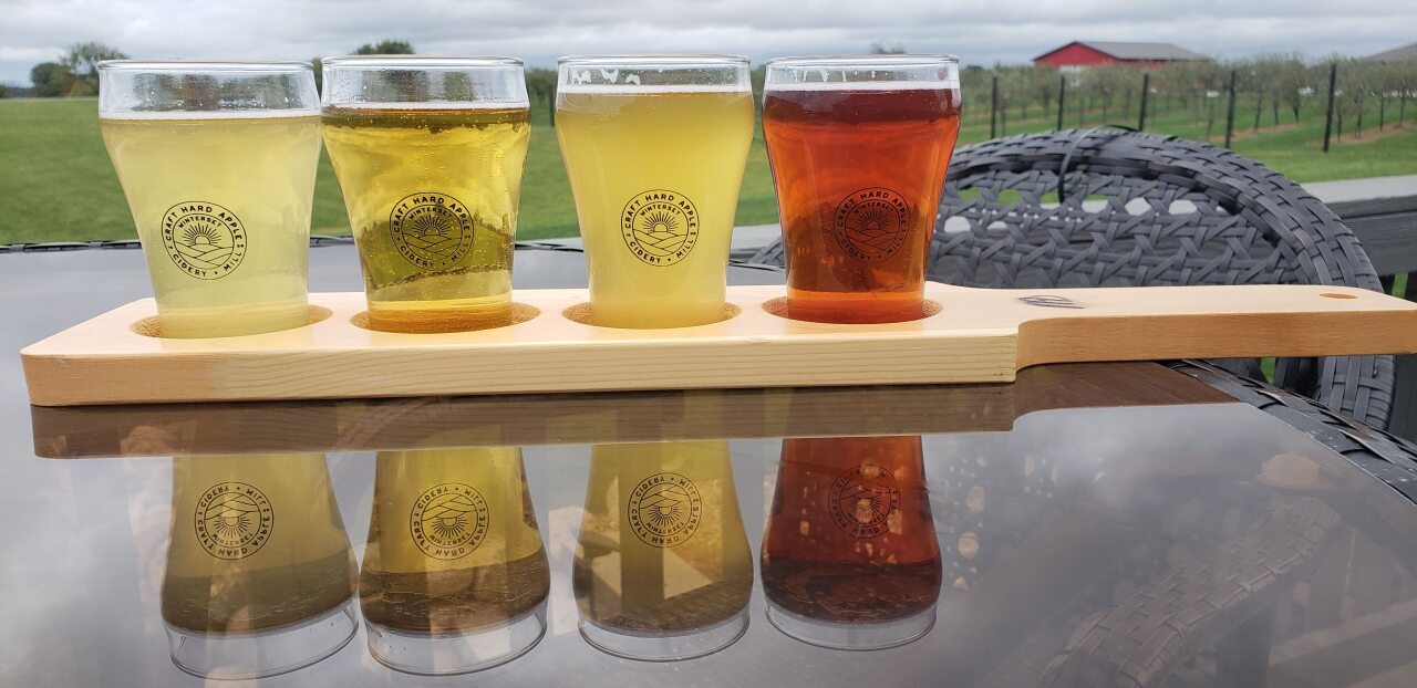 A flight of cider at Winterset Cidery