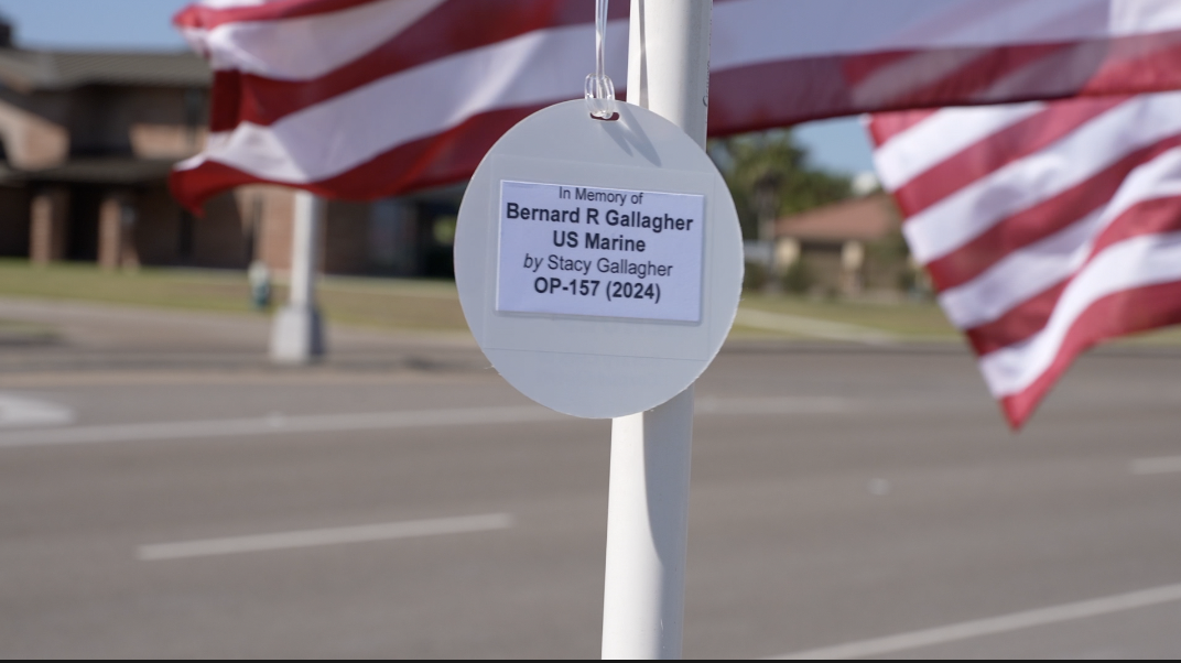 Each Flag has a four inch round recognition attached with the name of the individual it is in honor or in memory of.