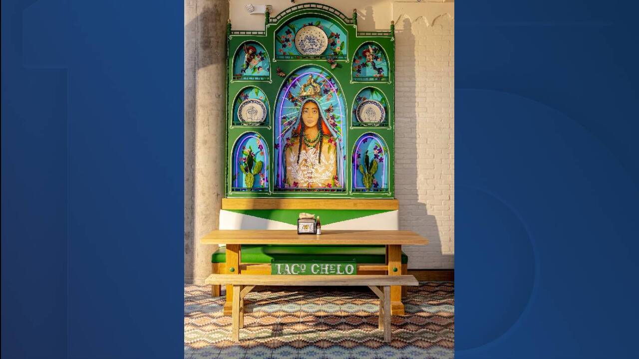 What’s here? “The pièce de résistance is the “retablo” (retable), a kelly-green elaborate structure with pops of neon serving as an altarpiece and displaying artwork, sculptures and more,” read a news release.