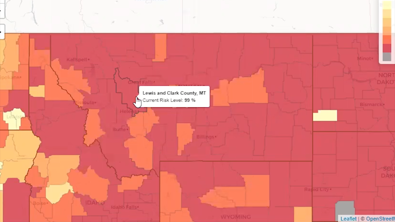 Georgia Tech tool showing risk of COVID exposure in Lewis and Clark County for crowd larger than 100 people