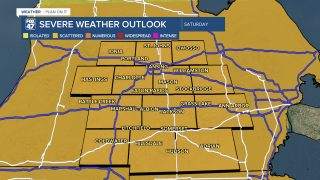 Slight risk of severe thunderstorms on Saturday afternoon