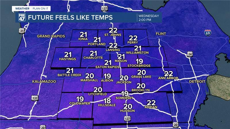 Strong winds Wednesday could drop feels like temperatures in the lower 20's/upper teens during the afternoon hours