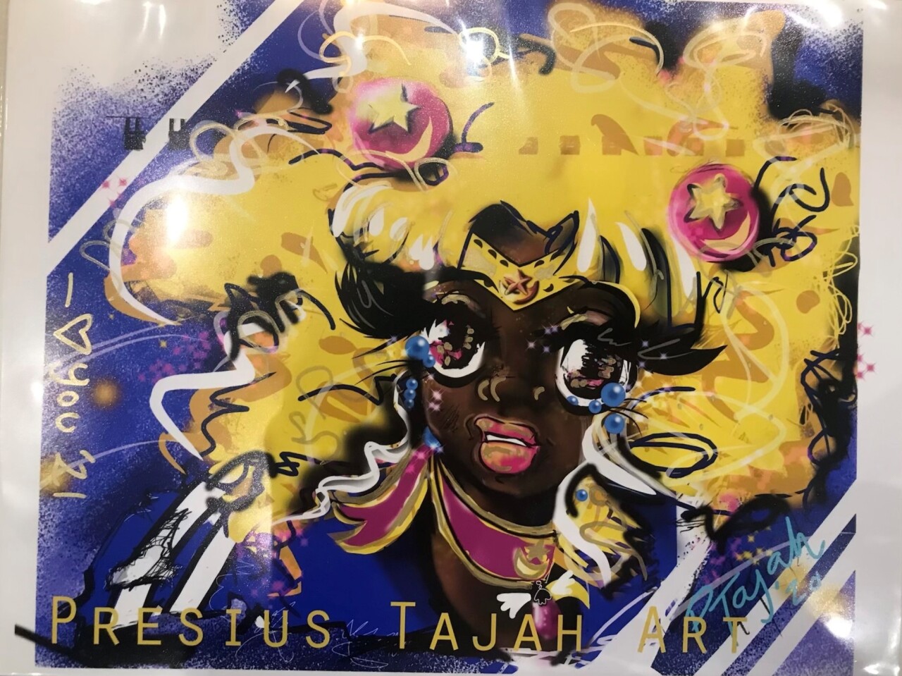 This artwork by Presius Tajah shows a person looking into the distance with long, dark eyelashes, full yellow hair and a pink scarf.
