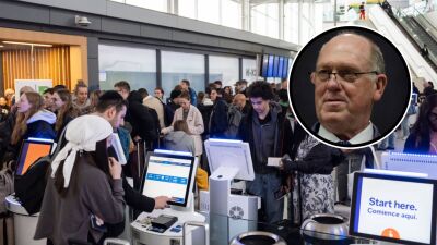 This combination of photos shows travelers at the John F. Kennedy International Airport in New York and U.S. border czar Tom Homan.