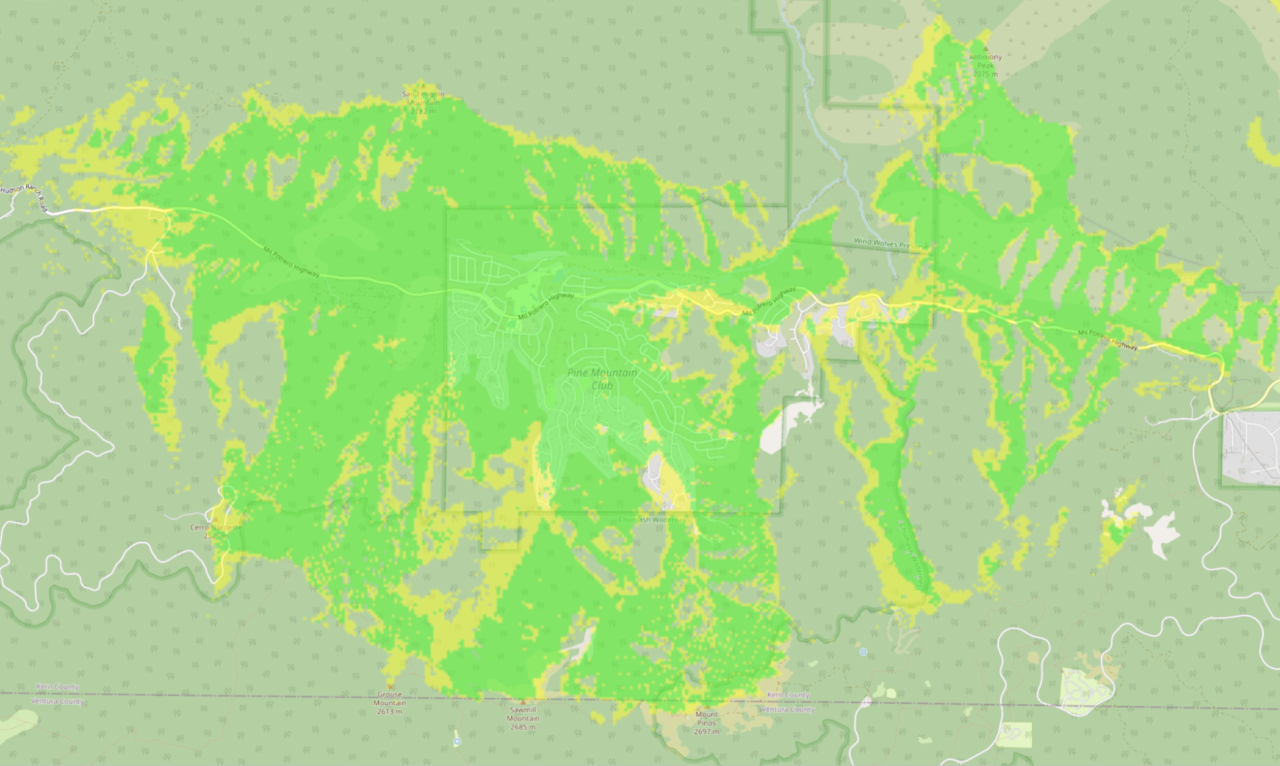 Repeater coverage area: Green indicates excellent signal coverage, yellow is good coverage, and areas without yellow or green need a better antenna to be able to communicate clearly via the repeater.
