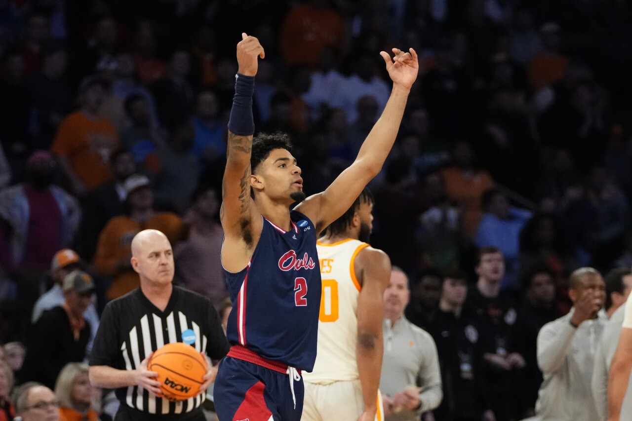 Florida Atlantic Owls guard Nicholas Boyd reacts after play against Tennessee Volunteers in second half of Sweet 16 of NCAA tournament, March 23, 2023