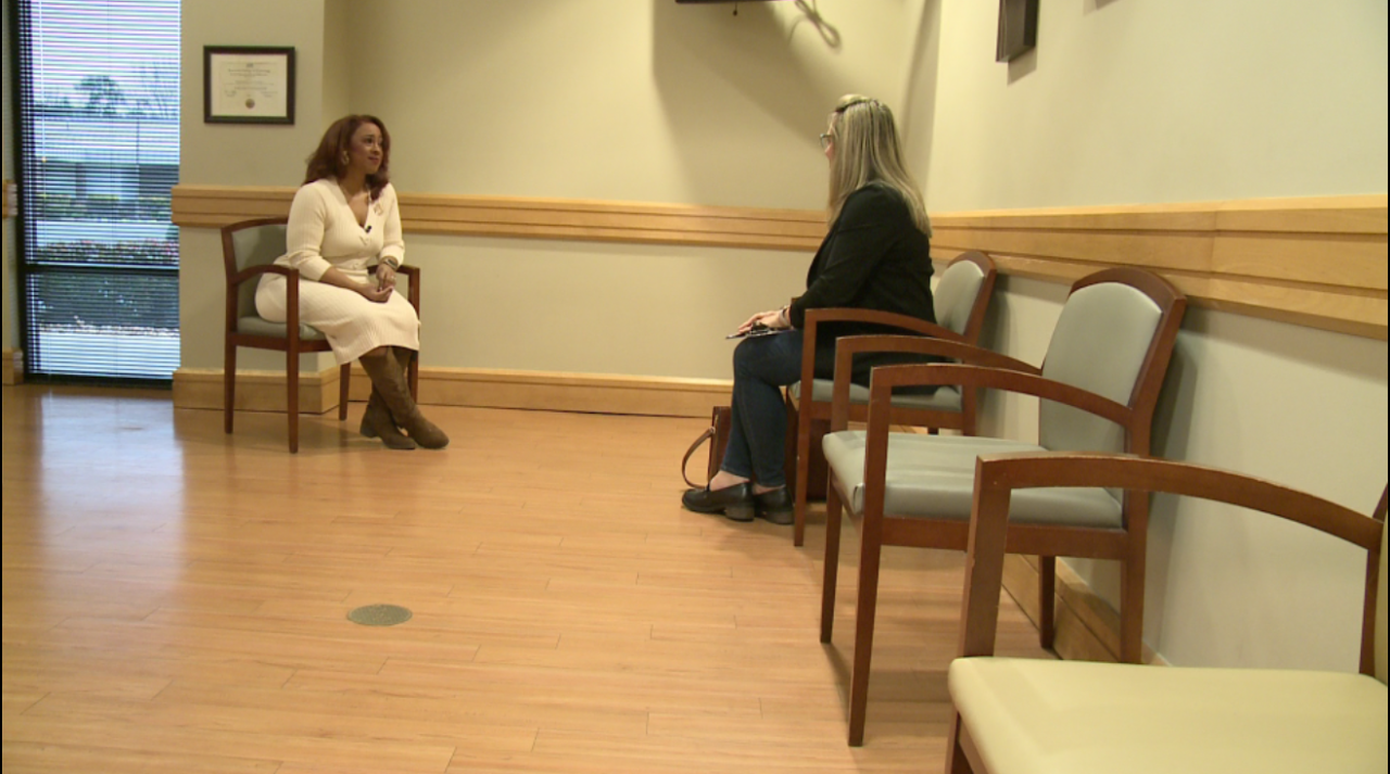 Jessica Larche waits with her colleague Hannah Bocks before her mammogram appointment at Riverside Regional Health System.