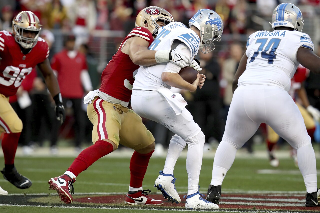 San Francisco 49ers defensive end Nick Bosa sacks Detroit Lions QB Jared Goff in NFC Championship, Jan. 28, 2024