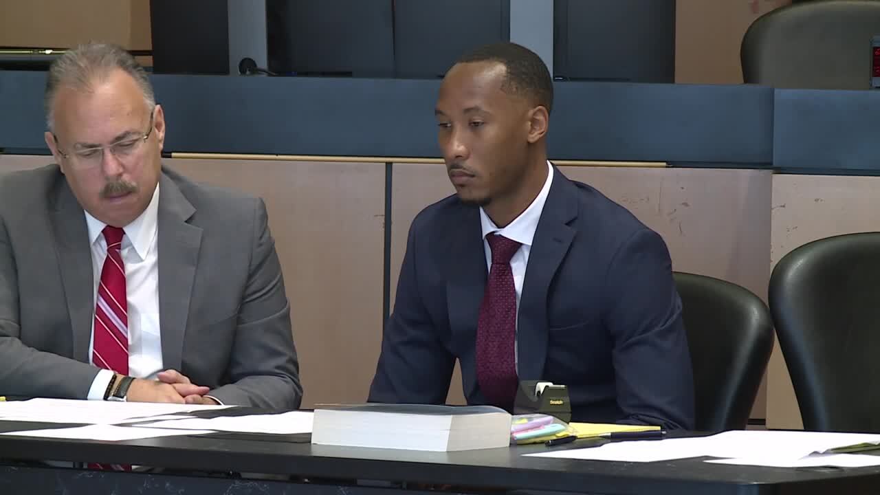 Travis Rudolph sits with defense attorney Marc Shiner on first day of jury selection in murder trial, May 18, 2023