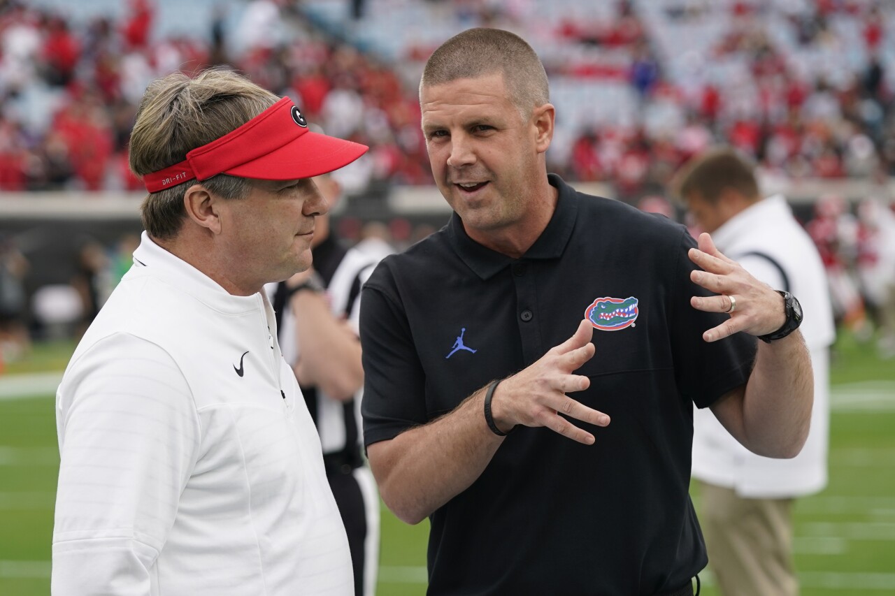 Georgia Bulldogs head coach Kirby Smart and Florida Gators head coach Billy Napier speak before game, Oct. 29, 2022