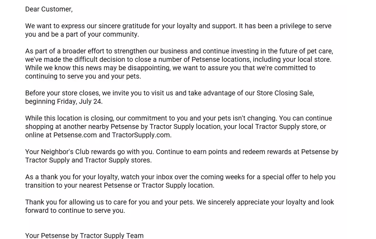 Petsense letter to customers