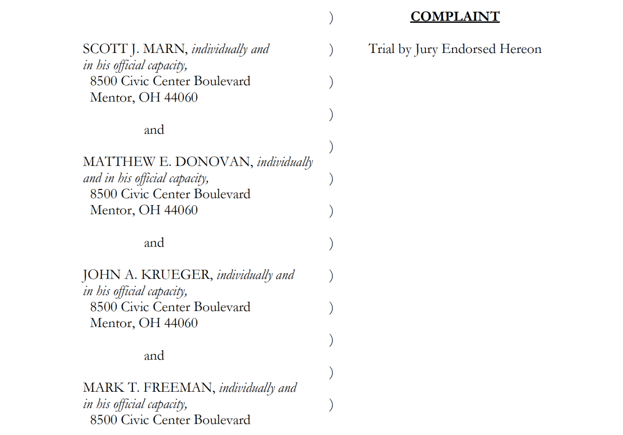Front page of the federal lawsuit against Mentor City Council members