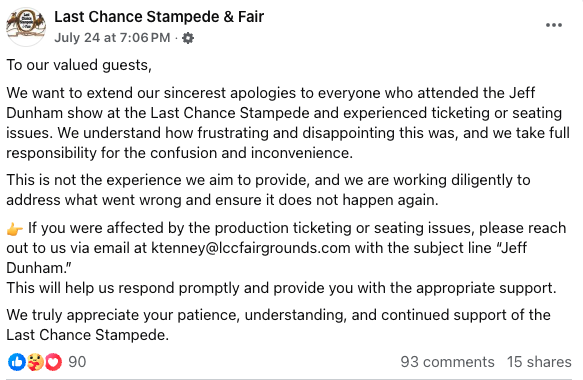 Last Chance Stampede and Fair Facebook post about Jeff Dunham concert