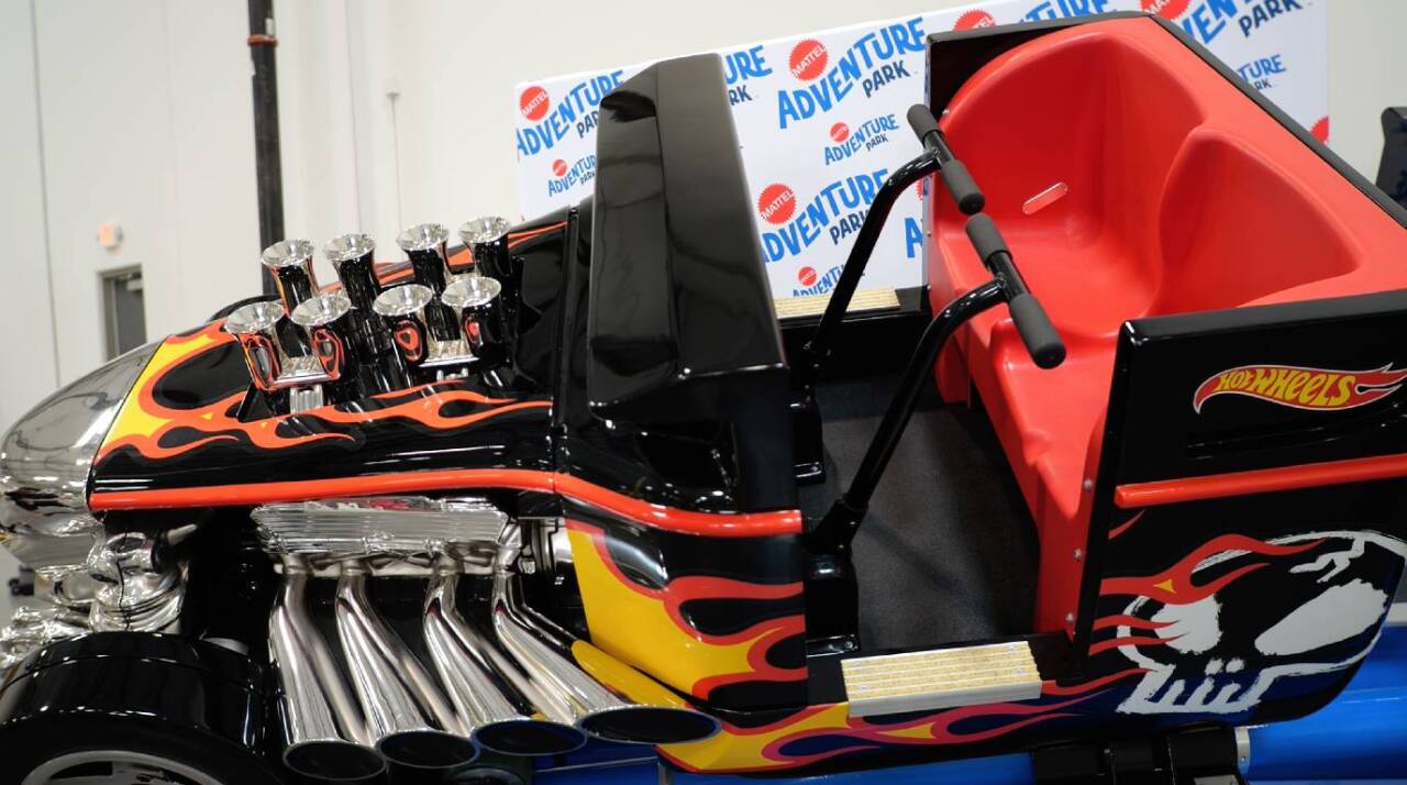 A close-up of the first cart of the Hot Wheels “Bone Shaker Rollercoaster.”