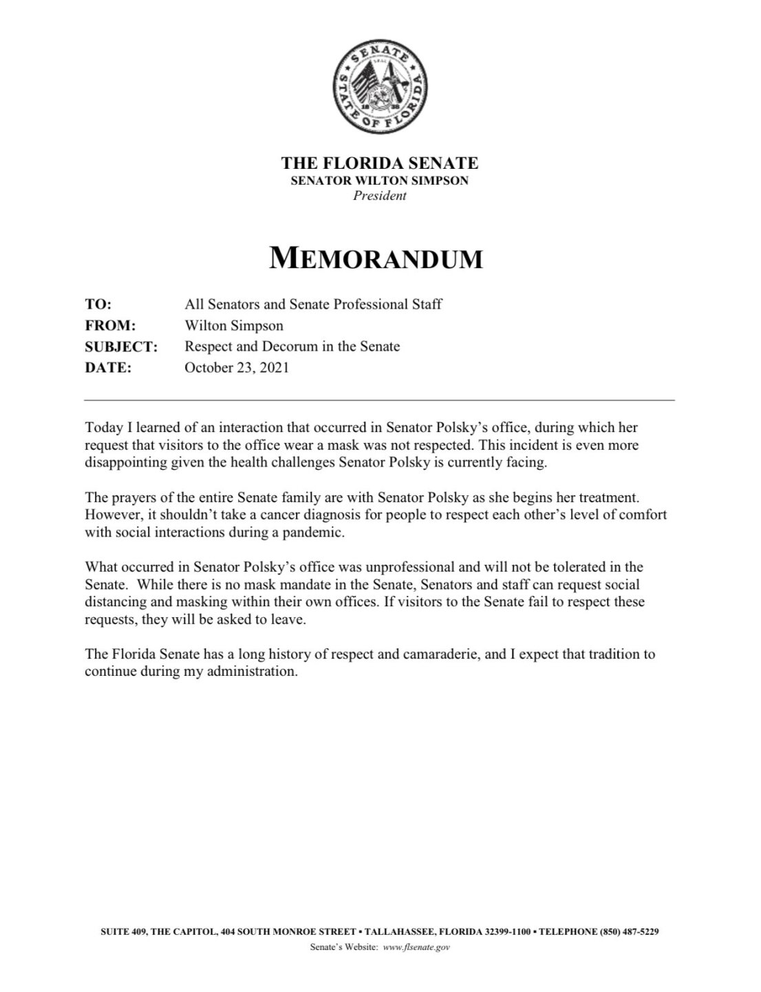 Florida Senate President Wilton Simpson letter on incident involving Sen. Tina Polsky