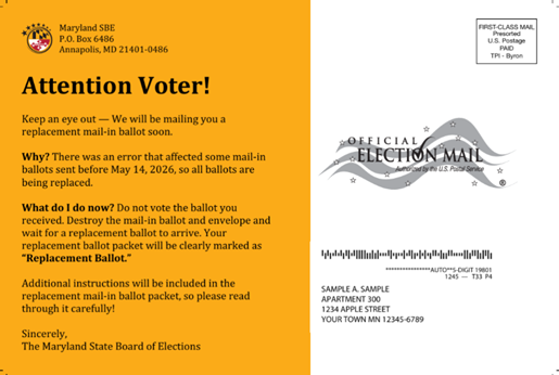 Sample postcard for replacement ballots Maryland 2026 primary election