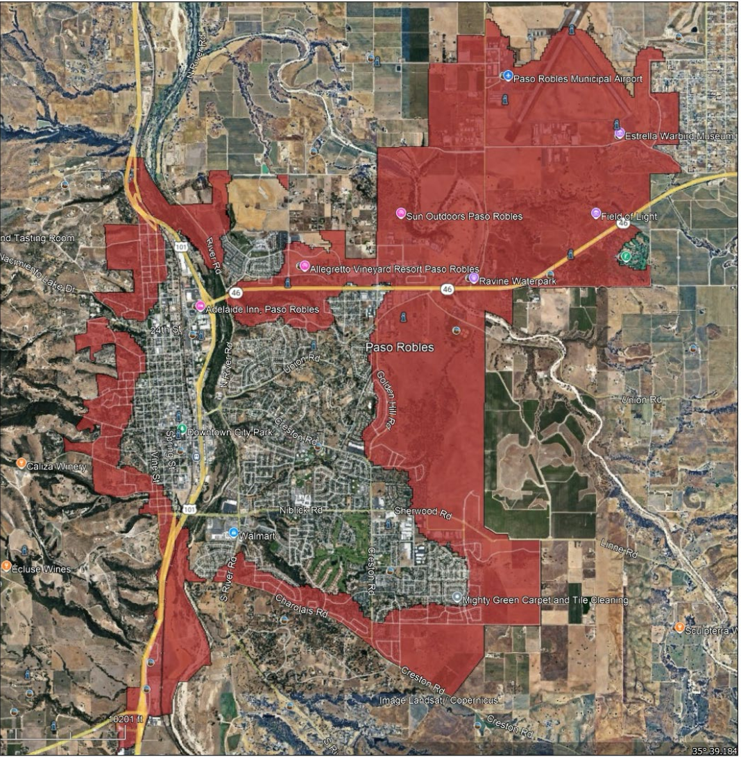 Shown in map highlighted in red 'Moderate to High Fire Hazard Severity Zone' (Source: City of Paso Robles)