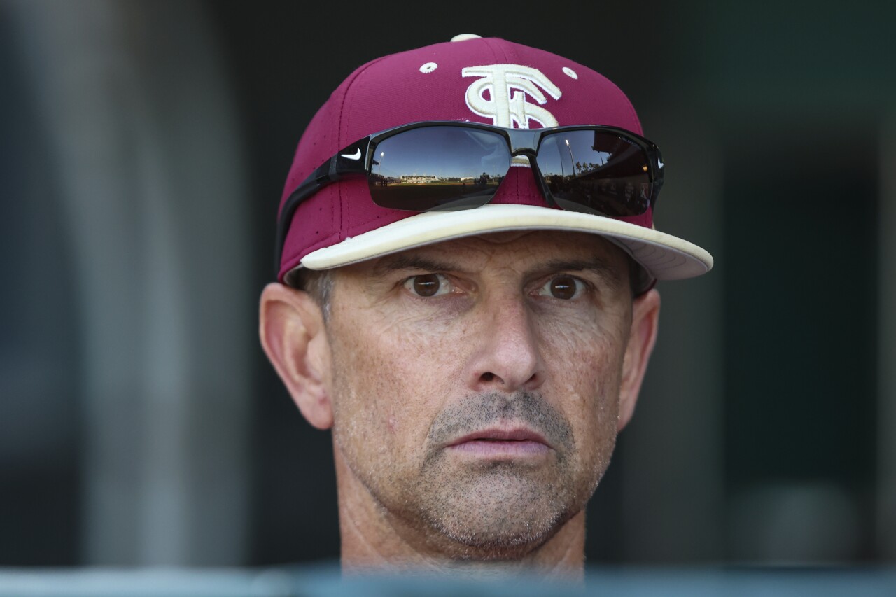 Florida State Seminoles baseball coach Link Jarrett watches warm-ups, May 2, 2023