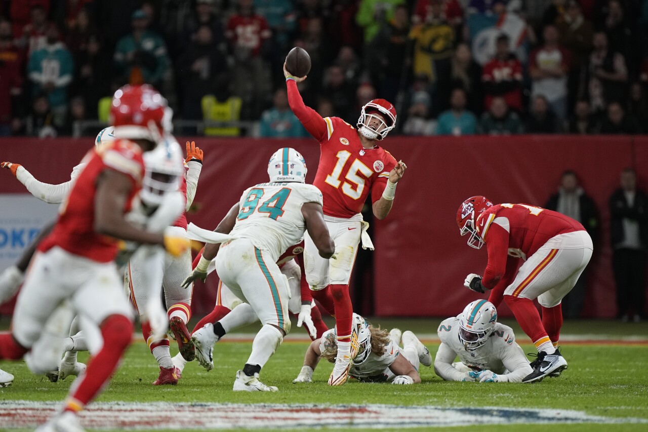 Kansas City Chiefs QB Patrick Mahomes throws during second half against Miami Dolphins in Frankfurt, Germany, Nov. 5, 2023