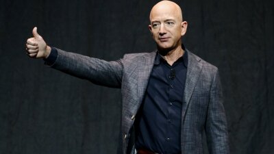 Jeff Bezos speaks at an event before unveiling Blue Origin's Blue Moon lunar lander.