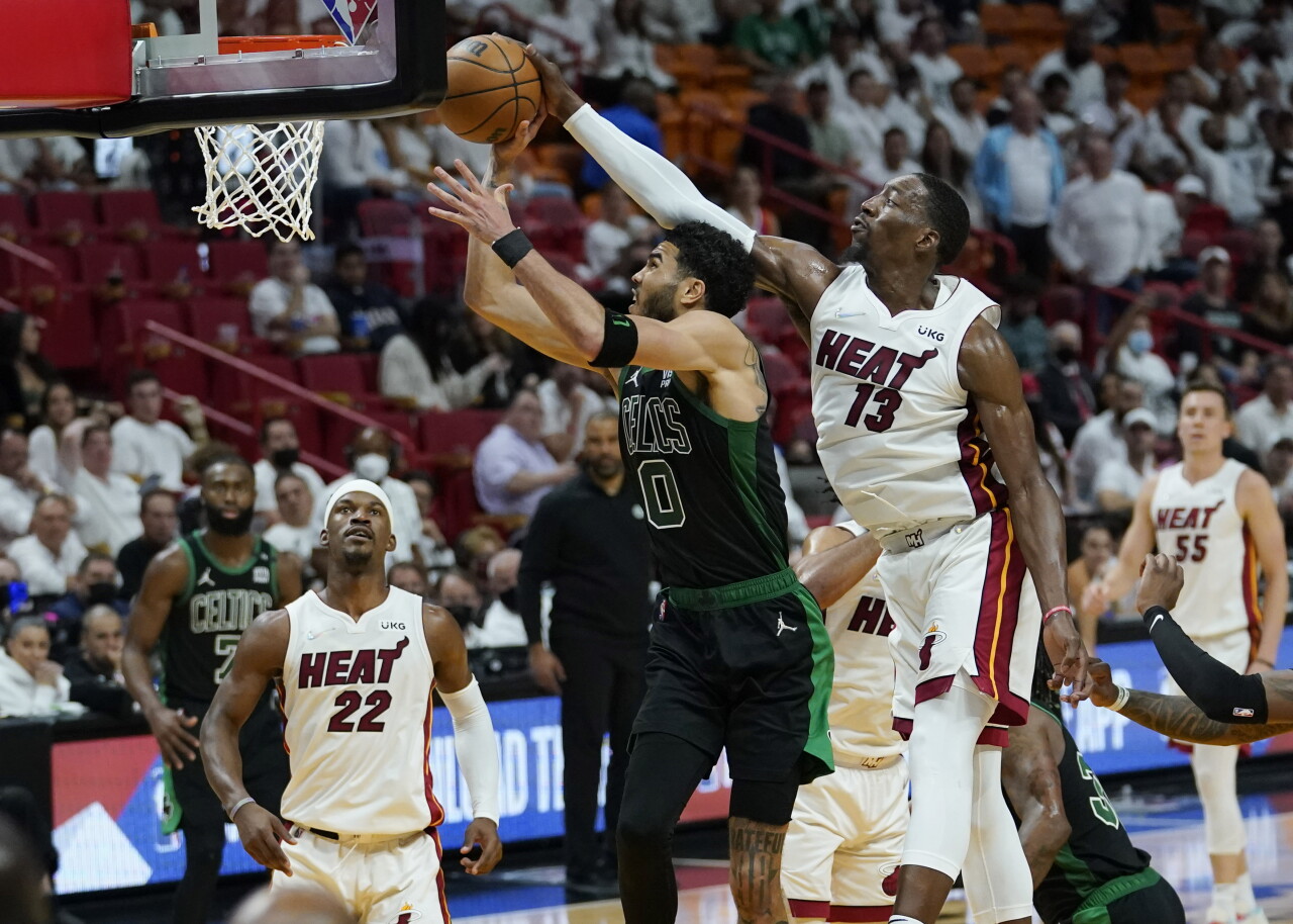 Miami Heat center Bam Adebayo blocks Boston Celtics forward Jayson Tatum shot, May 25, 2022