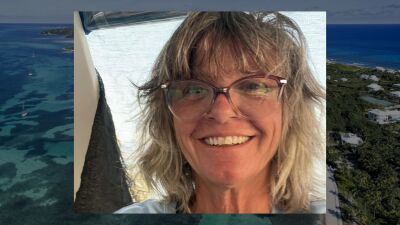 Combined image of an aerial view of Elbow Cay in Abaco, Bahamas and Lynette Hooker.