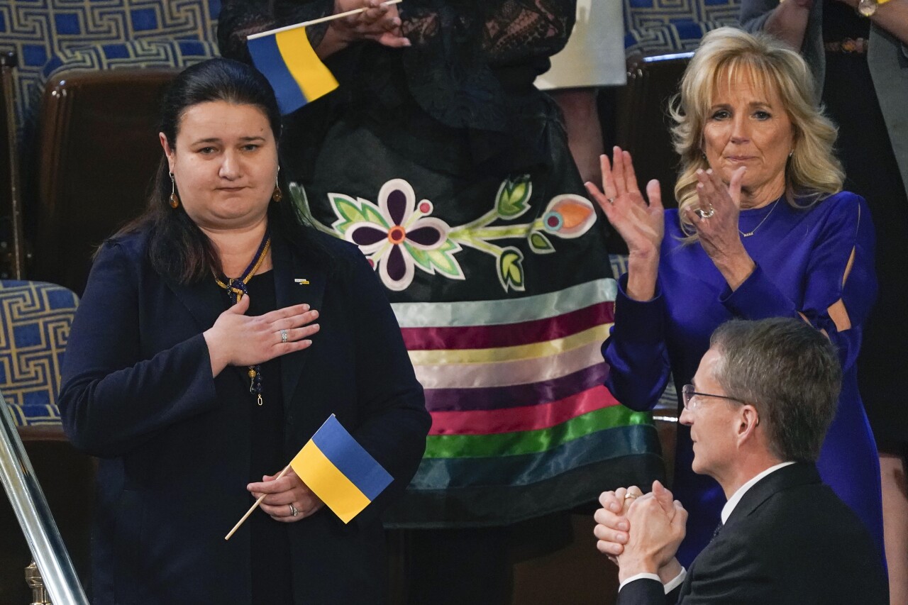 Ukraine Ambassador to the United States, Oksana Markarova, acknowledges President Joe Biden as first lady Jill Biden applauds (AP)